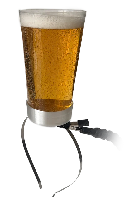 Concertgoer demonstrating the Head Mounted Beer Holder
